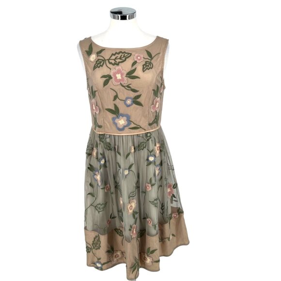 Sundance Peony Floral Embroidered Sleeveless Dress Beige Green Pink Size 8 - Picture 1 of 15